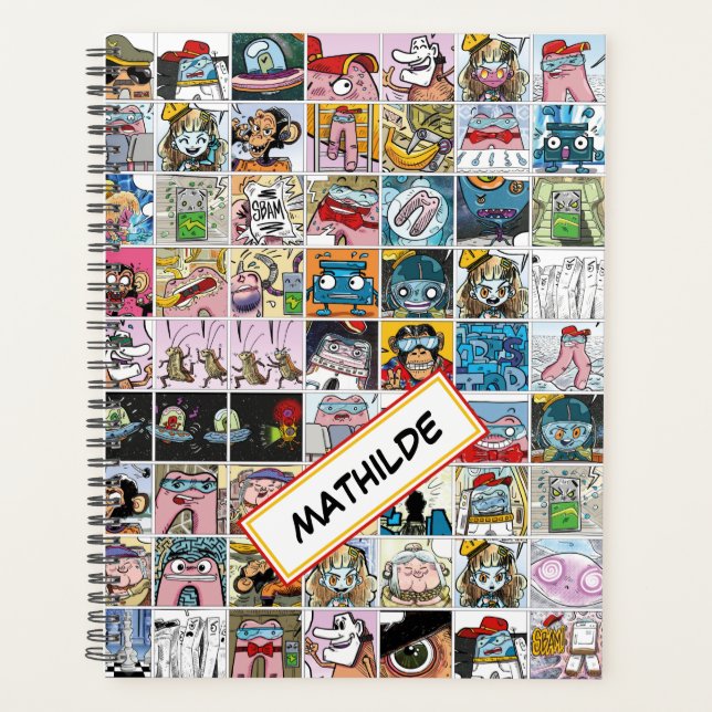 Colourful Comic Characters Pattern Name Yearly Planner (Front)
