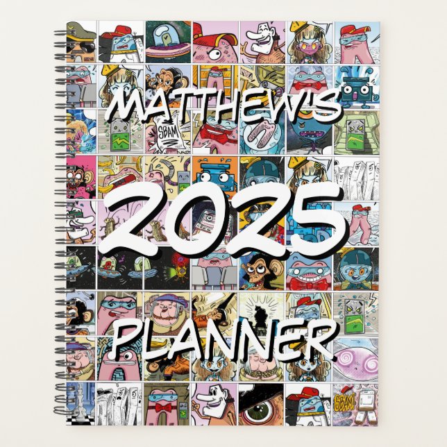 Colourful Comic Characters Pattern Name Yearly Planner (Front)