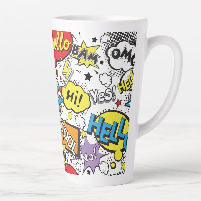 Colourful Comic Pop Art Speech Bubble Pattern Latte Mug (Right)
