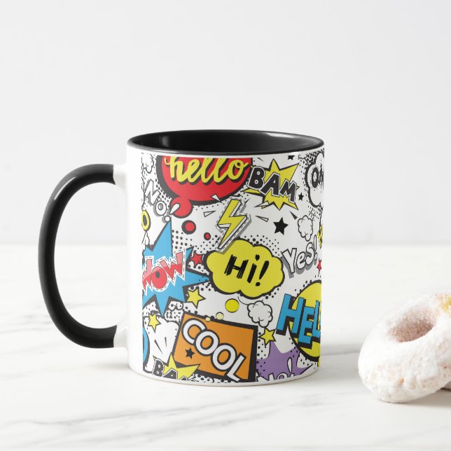 Colourful Comic Pop Art Speech Bubble Pattern Mug (With Donut)