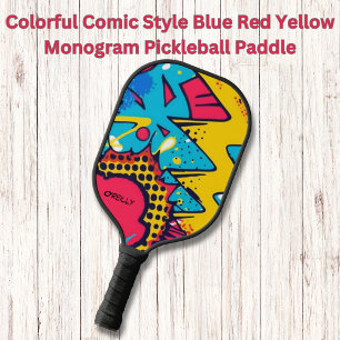 Colourful Comic Style Blue Red Yellow Monogram Pickleball Paddle