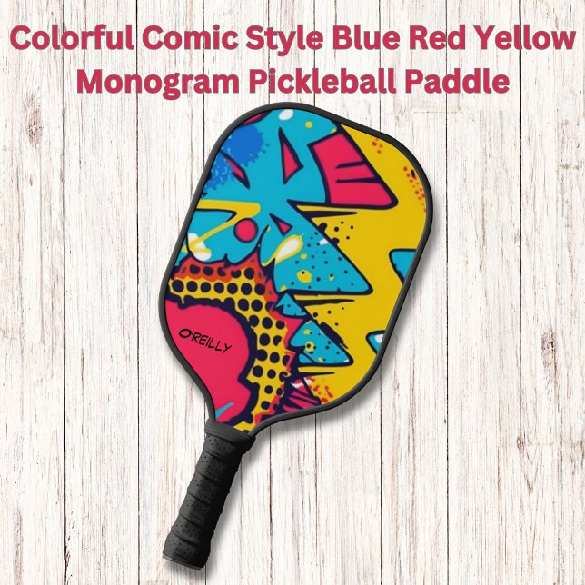 Colourful Comic Style Blue Red Yellow Monogram Pickleball Paddle (Creator Uploaded)