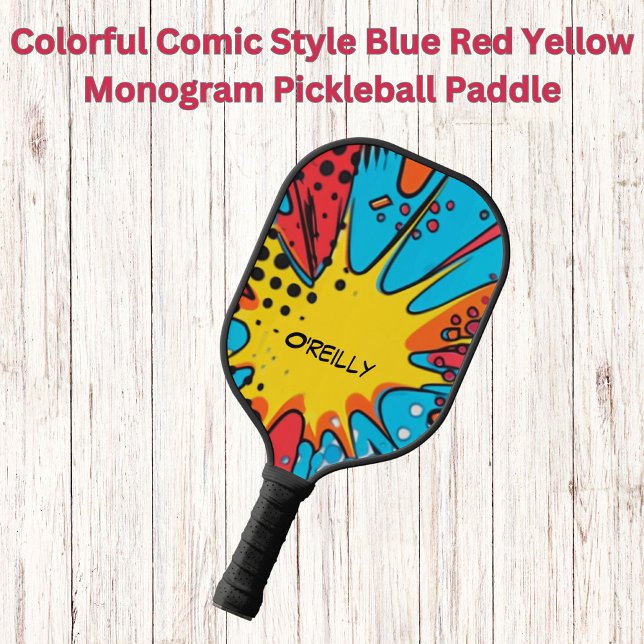 Colourful Comic Style Blue Red Yellow Monogram  Pickleball Paddle (Creator Uploaded)
