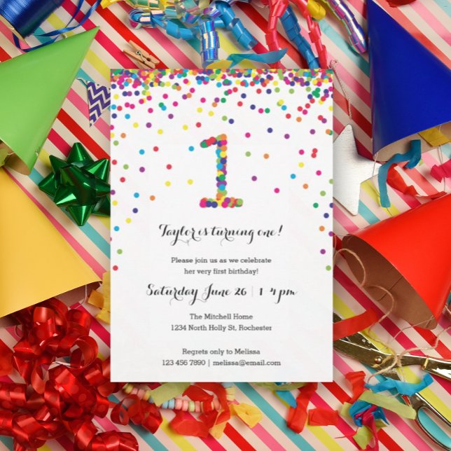 Colourful Confetti 1st Birthday Party Invitations (Rainbow confetti for your kiddo's first birthday party!)