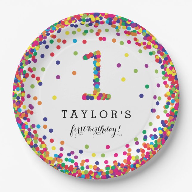 Colourful Confetti 1st Birthday Party Plates (Front)