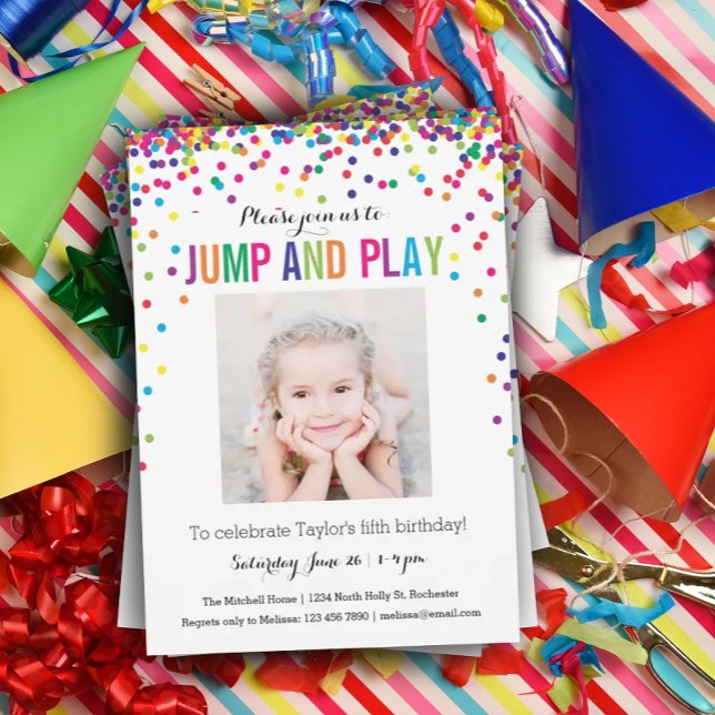 Colourful Confetti 5th Birthday Photo Jump Play Invitation (Creator Uploaded)