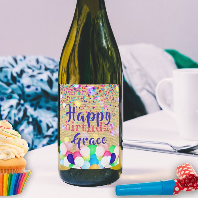 Colourful Confetti And Balloons Happy Birthday  Wine Label (Creator Uploaded)
