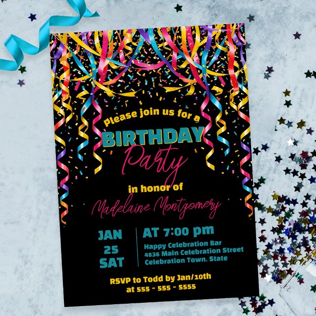 Colourful Confetti and Streamers Birthday Party Invitation (Creator Uploaded)