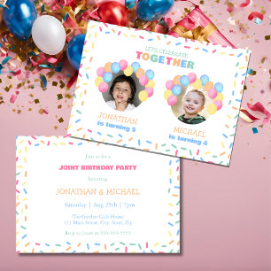 Colourful Confetti Balloon Photo Dual Birthday Invitation