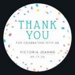 Colourful Confetti Birthday Celebration Thank You Classic Round Sticker<br><div class="desc">This Colourful Confetti Sticker features confetti in bright colours of teal,  purple,  yellow,  blue and pink with faux gold glitter. You can use these stickers on your party favours. For enquiries about custom design changes by the independent designer please email paula@labellarue.com BEFORE you customise or place an order.</div>