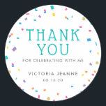 Colourful Confetti Birthday Celebration Thank You Classic Round Sticker<br><div class="desc">This Colourful Confetti Sticker features confetti in bright colours of teal,  purple,  yellow,  blue and pink with faux gold glitter. You can use these stickers on your party favours. For enquiries about custom design changes by the independent designer please email paula@labellarue.com BEFORE you customise or place an order.</div>