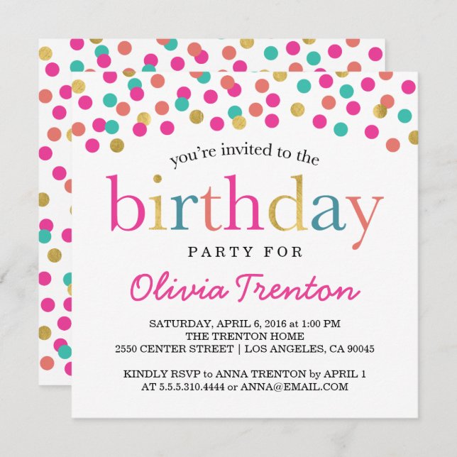 Colourful Confetti Birthday Party Invitations (Front/Back)
