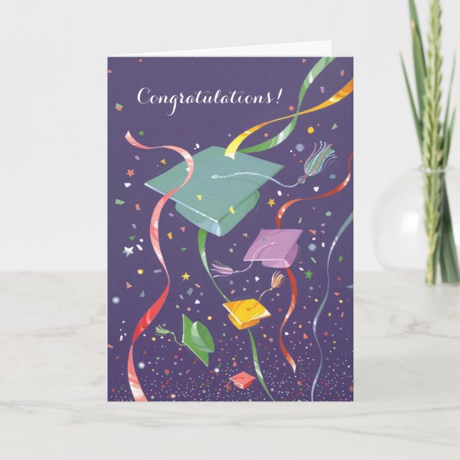 Colourful confetti cap graduation customisable car card (Front)