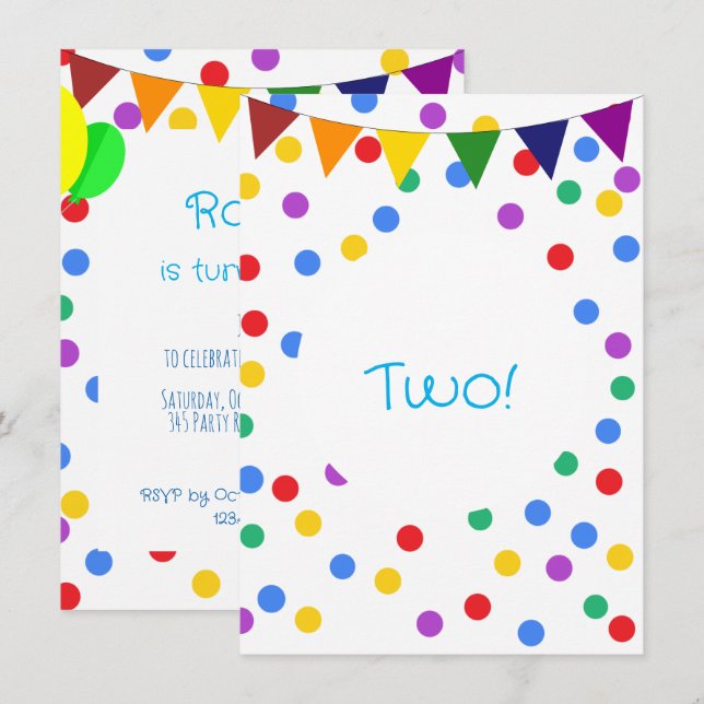 Colourful Confetti Dots and Balloons 2nd Birthday Invitation (Front/Back)