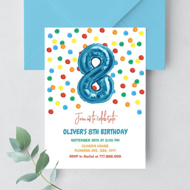 Colourful Confetti Eight Balloon 8th Birthday Boy Invitation (Creator Uploaded)