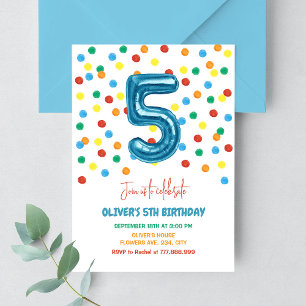 Colourful Confetti Five Balloon 5th Birthday Boy Invitation
