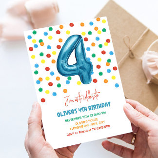 Colourful Confetti Four Balloon 4th Birthday Boy Invitation