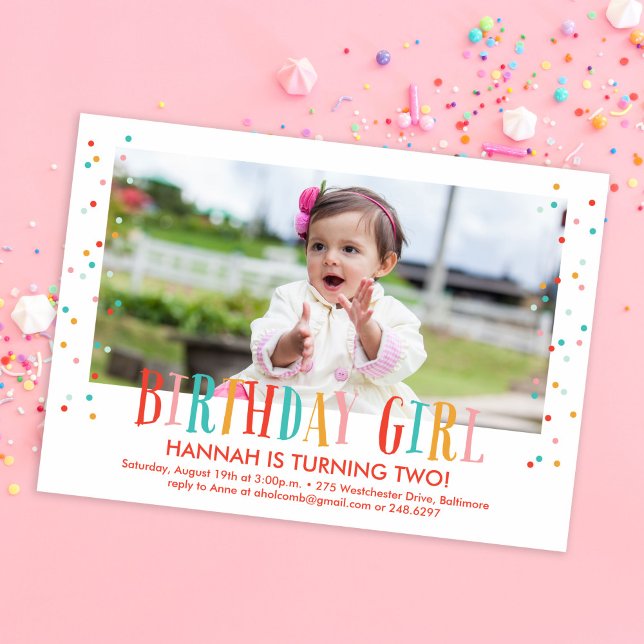 Colourful Confetti Girl Photo Birthday Party Invitation (Creator Uploaded)