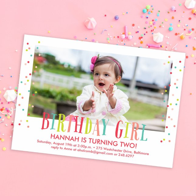 Colourful Confetti Girl Photo Birthday Party Invitation (Creator Uploaded)