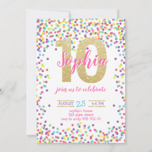 Colourful Confetti Gold Number Girl 10th Birthday Invitation