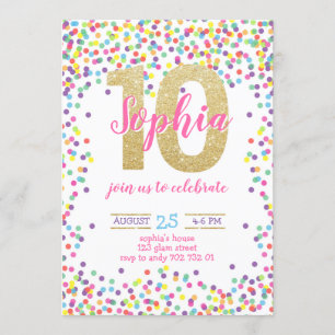 Colourful Confetti Gold Number Girl 10th Birthday Invitation