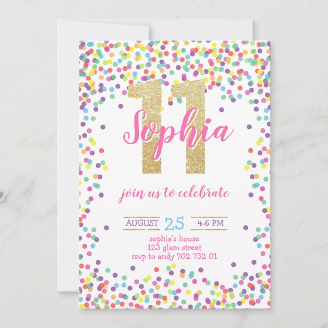 Colourful Confetti Gold Number Girl 11th Birthday Invitation (Front)
