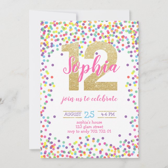Colourful Confetti Gold Number Girl 12th Birthday Invitation (Front)
