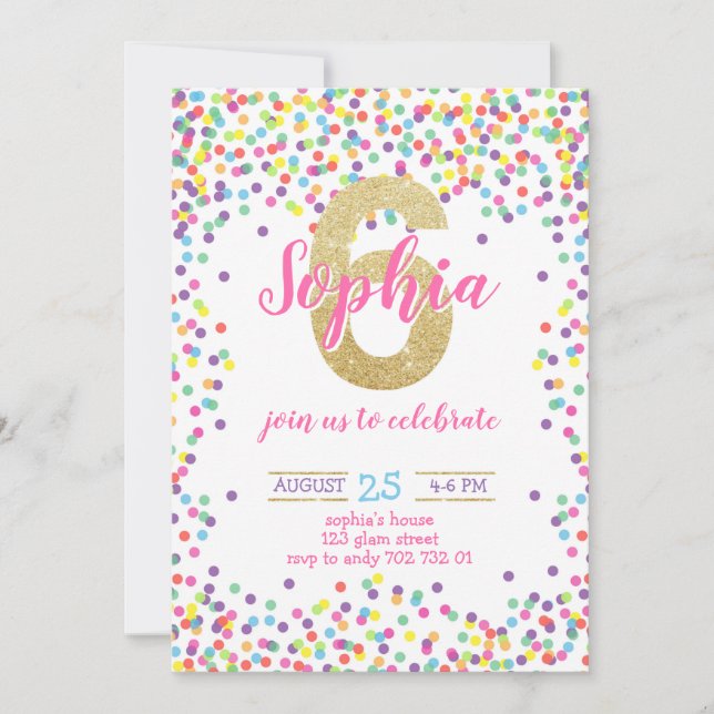Colourful Confetti Gold Number Girl 6th Birthday Invitation (Front)