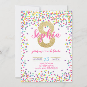 Colourful Confetti Gold Number Girl 8th Birthday Invitation