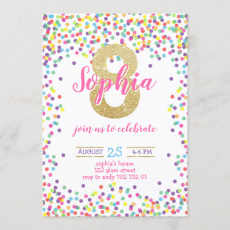 Colourful Confetti Gold Number Girl 8th Birthday Invitation