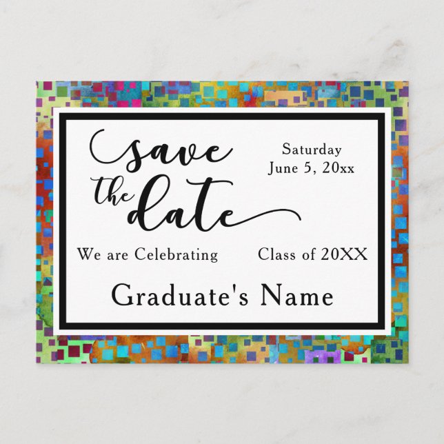 Colourful Confetti Graphic Graduation Save the Dat Announcement Postcard (Front)