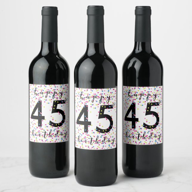 Colourful Confetti Happy 45th Birthday Wine Label (Bottles)