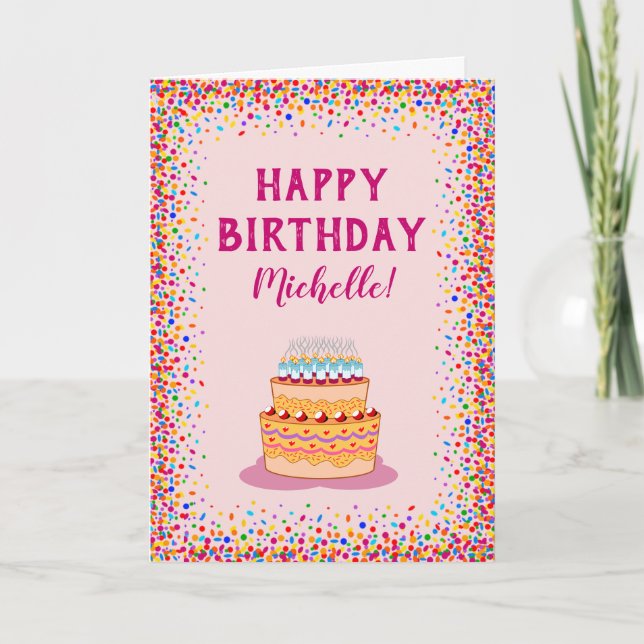 Colourful Confetti Pink Cake Birthday Celebration Card (Front)