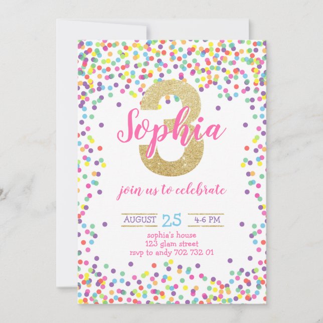 Colourful Confetti Rainbow Gold Girl 3rd Birthday Invitation (Front)