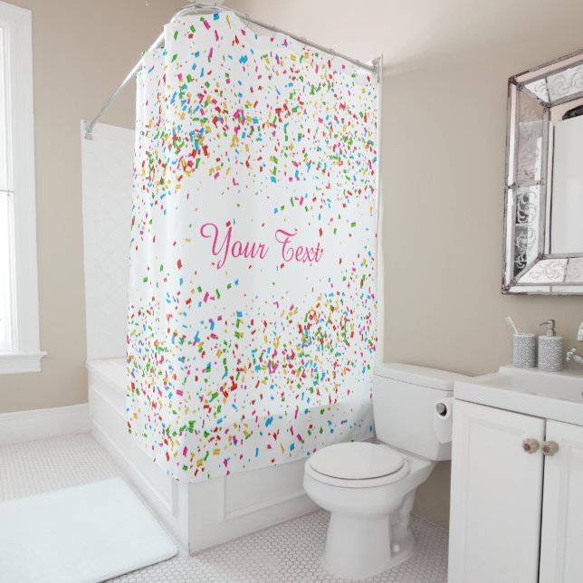 Colourful confetti shower curtain (In Situ)