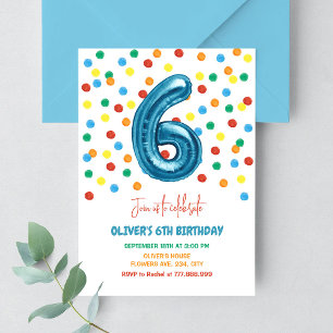 Colourful Confetti Six Balloon 6th Birthday Boy Invitation