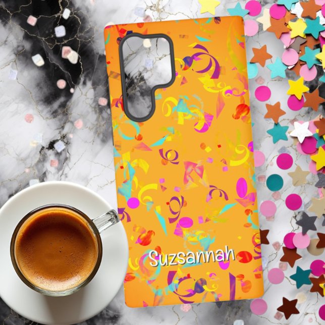 Colourful Confetti Toss Over Orange Personalised Samsung Galaxy S22 Ultra Case (phone case back with template text)