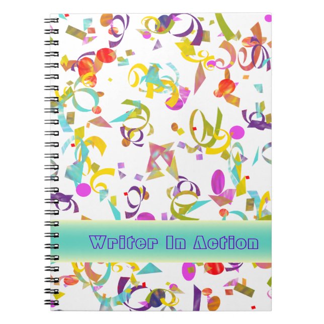 Colourful Confetti Toss Over White Template Notebook (Front)