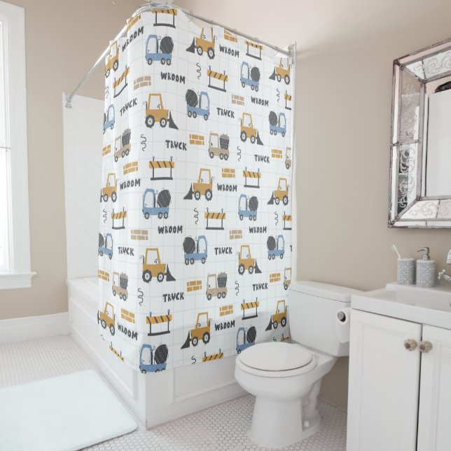 Colourful Construction Trucks Pattern Shower Curtain (In Situ)