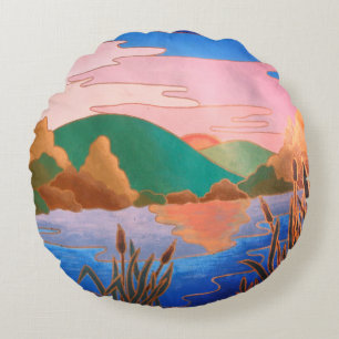 colourful contempory abstract art landscape round cushion