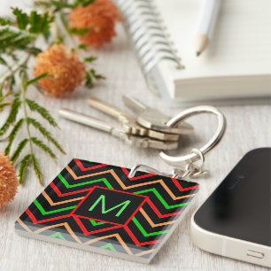 Colourful Cool Chevron on Black Monogram Key Ring