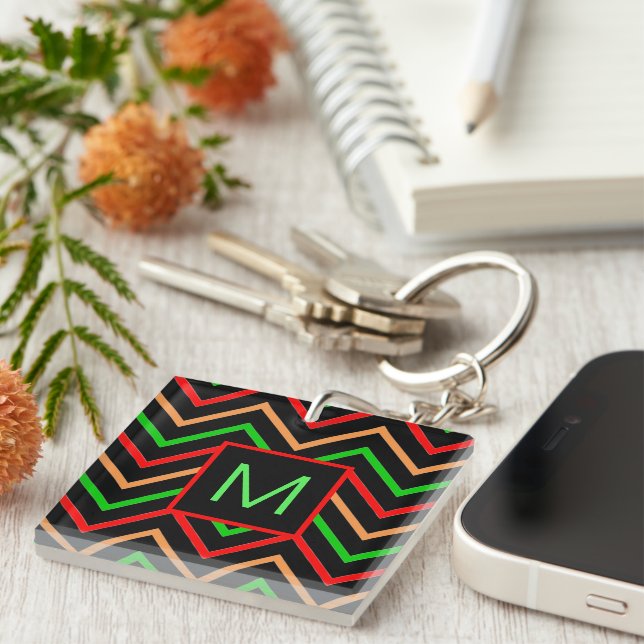 Colourful Cool Chevron on Black Monogram Key Ring (Front Right)