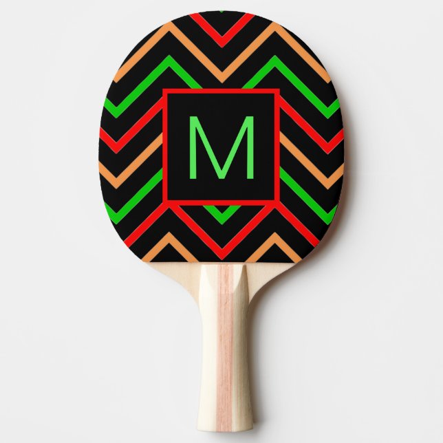 Colourful Cool Chevron on Black Monogram Ping Pong Paddle (Front)