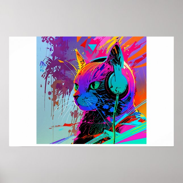 Colourful Cool Pop Art Editable Headphone Cat Poster (Front)