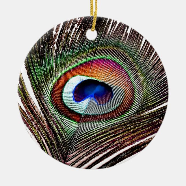 Colourful Copper Peacock Feather Ceramic Ornament (Front)