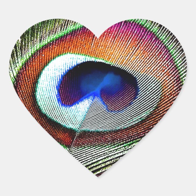Colourful Copper Peacock Feather Heart Sticker (Front)