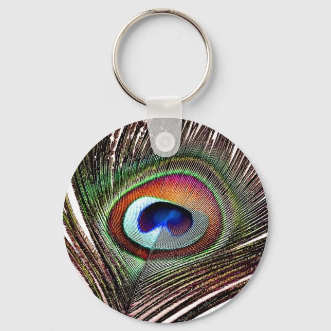 Colourful Copper Peacock Feather Key Ring (Front)