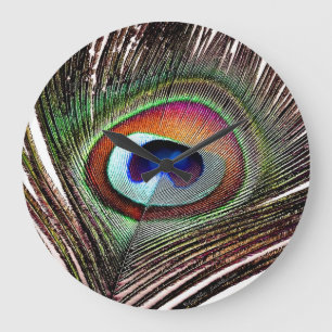 Colourful Copper Peacock Feather Large Clock