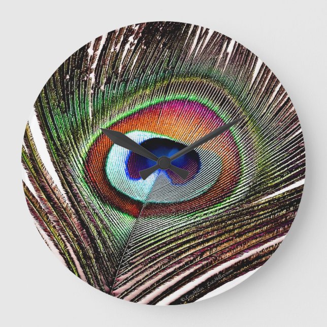 Colourful Copper Peacock Feather Large Clock (Front)