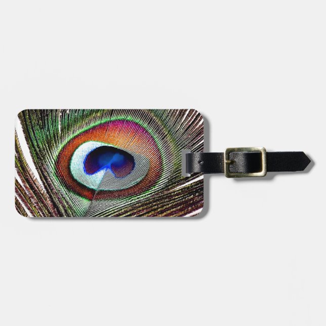 Colourful Copper Peacock Feather Luggage Tag (Front Horizontal)